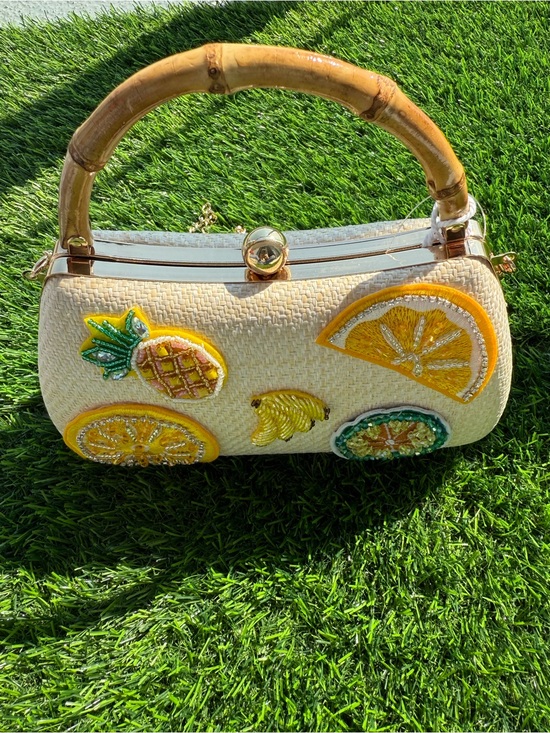 Handbags - Yellow Fruit Appliqué Straw Handbag with Bamboo Handle
